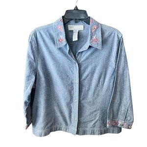 Sag Harbor Sport 3/4 sleeve embroidered denim chambray button top XL blue
